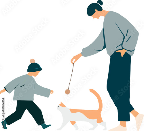 mother and son play with a cat,  girl and boy playing with cat