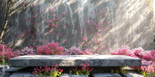 empty concrete table on beautiful blooming pink flowers background, gray concrete table on blurred natural flower spring background with bokeh light, empty space, product display,banner 