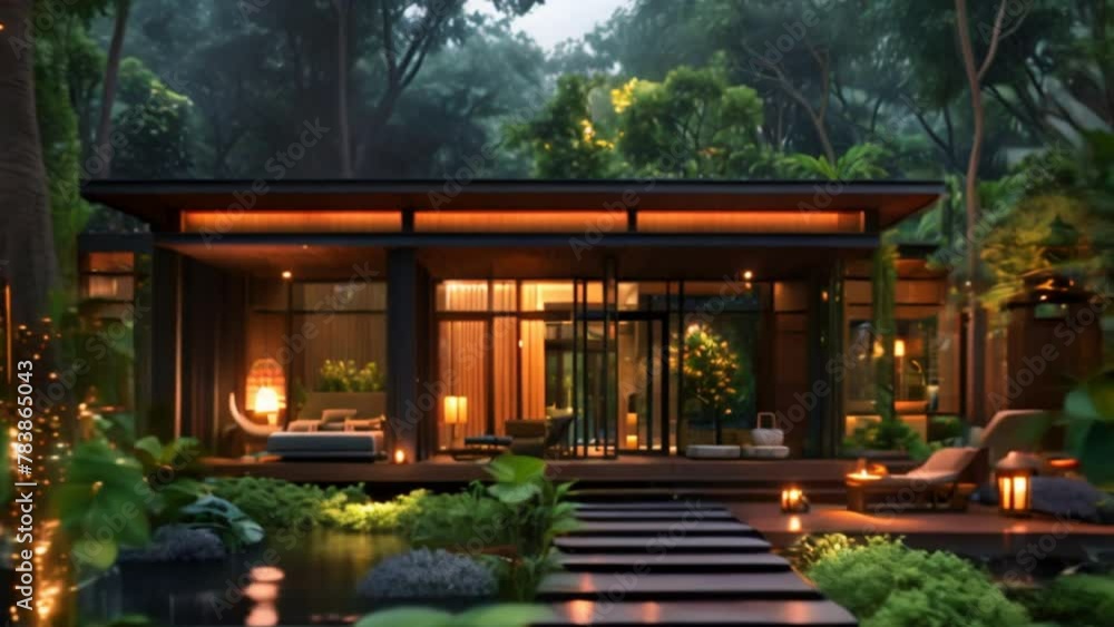 A forest house surrounded by trees during the night with large windows. Digitally generated image of a luxurious-style forest bungalow during the evening. A forest house surrounded by trees during the night with large windows. Digitally generated image of a luxurious-style forest bungalow during the evening.
