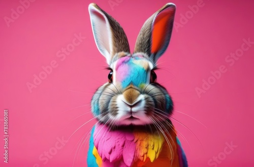 Rabbit with multicolored paint on skin,pink background,cute multicolored rabbit © schukoba