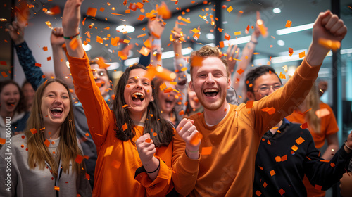Joyful Office Celebration, Team Success with Confetti Rain in Orange Jubilation