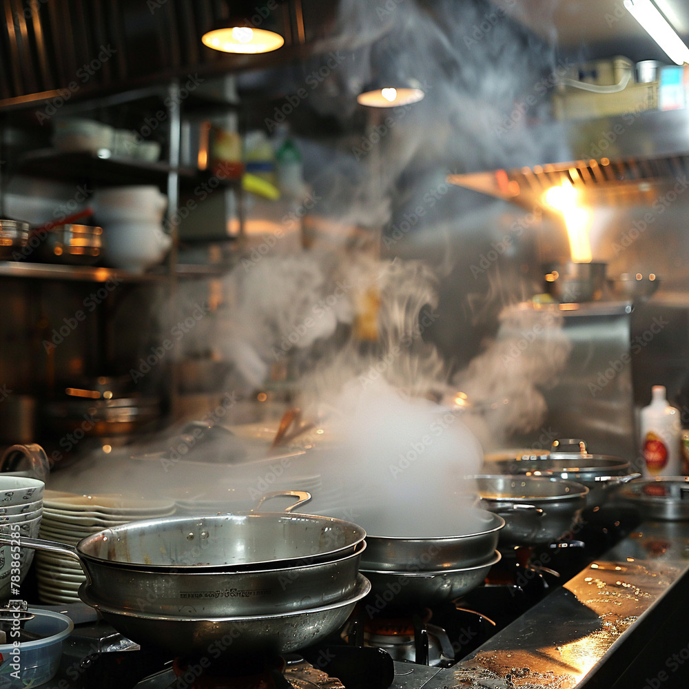 A kitchen setup where cooking utensils are boiled in steam to ensure all germs are killed, emphasizing hygiene and safety A kitchen setup where cooking utensils are boiled in steam to ensure all germs are killed, emphasizing hygiene and safety