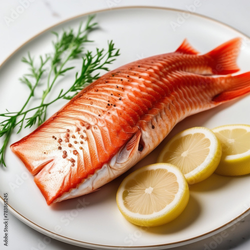 Red fish with lemon and greenery on the plate. 