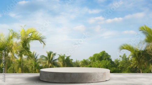 Podium for product placement  product promotion concept  empty concrete podium on green grass with tropical forest plant