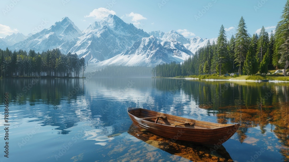 A tranquil mountain lake reflecting the snow-capped peaks above. Crystal clear water laps gently at the shore, where a lone wooden rowboat is moored. Lush pine forests surround the lake.3D rendering.