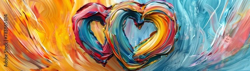 A symbolic painting of two intertwined hearts, rendered in a vibrant style with swirling brushstrokes and bold colors
