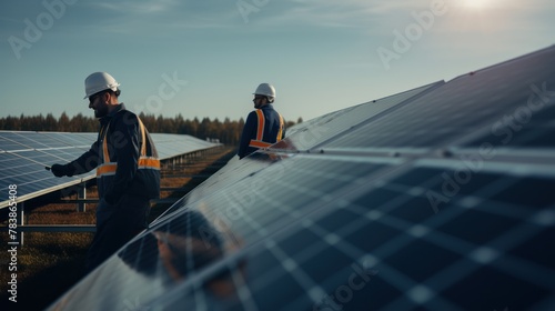 engineers are conducting outdoor inspection of solar photovoltaic panels  photo
