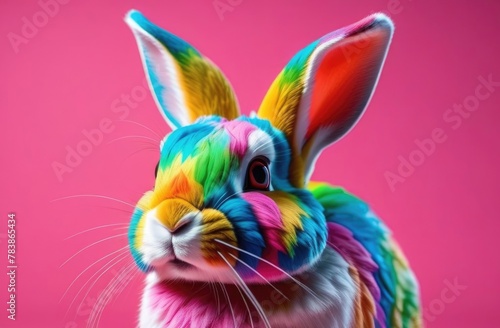 Rabbit with multicolored paint on skin,pink background,cute multicolored rabbit