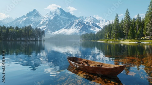 A tranquil mountain lake reflecting the snow-capped peaks above. Crystal clear water laps gently at the shore  where a lone wooden rowboat is moored. Lush pine forests surround the lake.3D rendering.