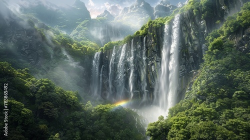A majestic waterfall cascading down a lush green mountainside, shrouded in mist with a vibrant rainbow arcing across the spray.3D rendering. © EC Tech 