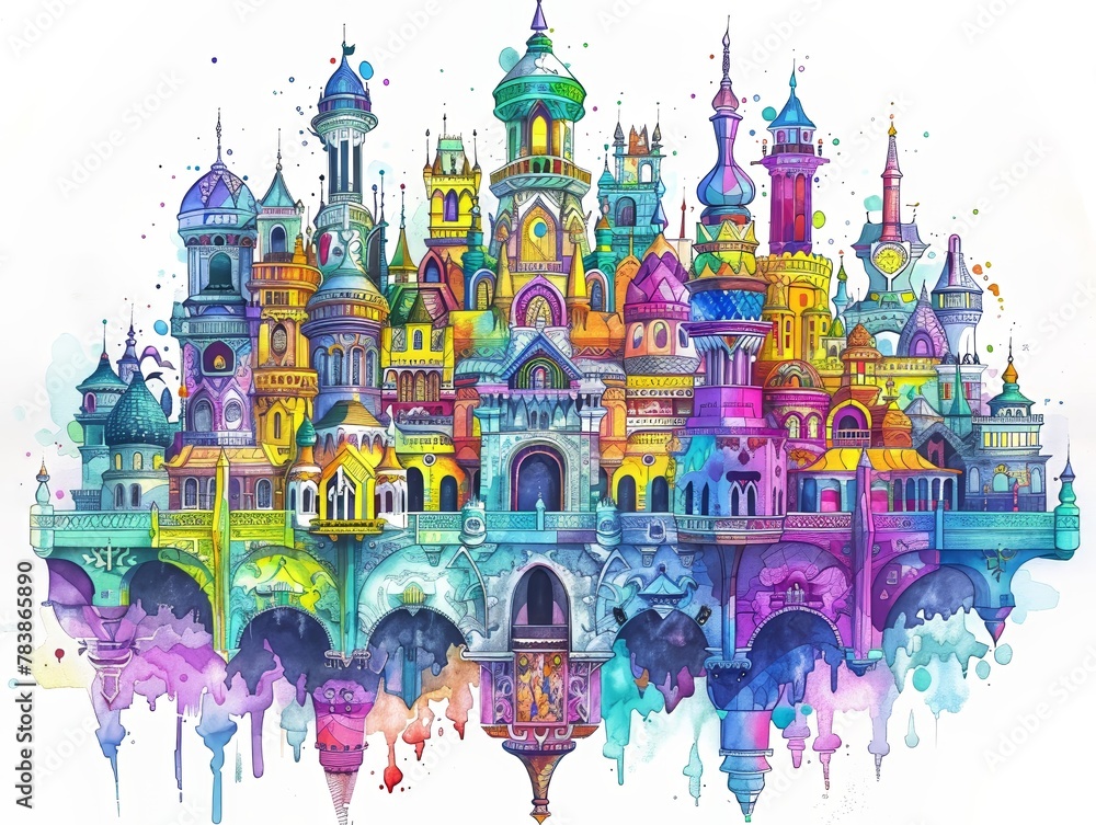 Obraz premium An intricate Dreamcastle adorned with intricate architecture and dreamlike motifs hand drawing , Water color on white backgound