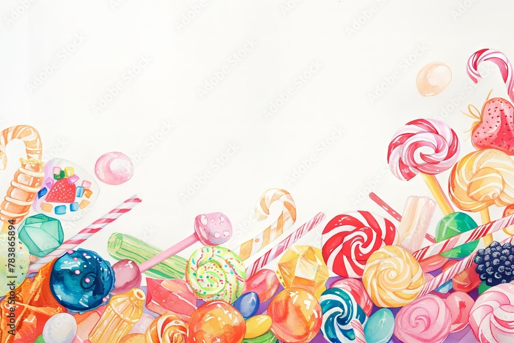 Candy Create a whimsical scene filled with colorful, delectable treats that evoke feelings of nostalgia and joy, set against a backdrop, hand drawing, Water color