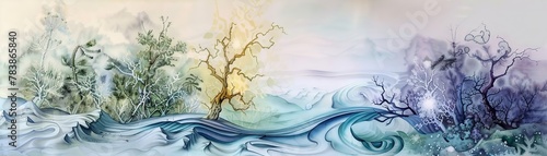 A serene landscape featuring Etherwave and Soulstream intertwining in harmonious dance, with a backdrop of Dreamfrost glistening under a gentle Lightshadow  hand drawing , Water color photo