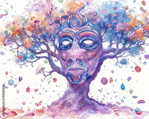 A whimsical illustration of a mystical Spiritmask floating above a sprawling Wisdomtree, with a hint of candy scattered in the background hand drawing , Water color on white backgound