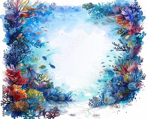 An enchanting underwater scene of Oceanwhirl  with colorful coral reefs and schools of fish  framed by a vast expanse of blank space  hand drawing   Water color on white backgound