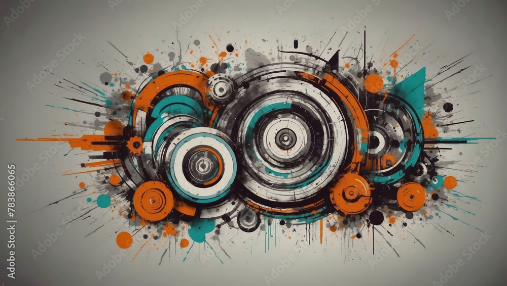 Explosive Dynamik in abstrakter Kunst: Farbenfrohe Kreisel und Spritzer als moderne Designillustration Explosive Dynamik in abstrakter Kunst: Farbenfrohe Kreisel und Spritzer als moderne Designillustration