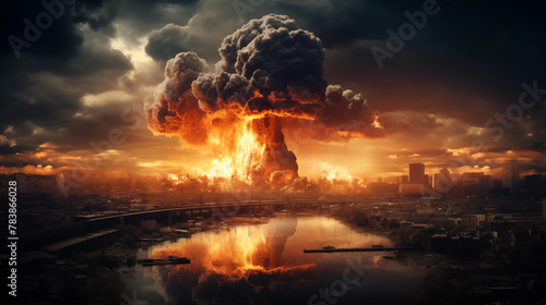 Large nuclear explosion in the city, great destruction, ruins, abandoned city.