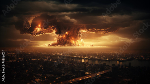 Large nuclear explosion in the city  great destruction  ruins  abandoned city.