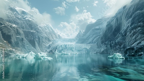 A photorealistic image of a majestic glacier calving into a turquoise glacial lake. Chunks of ice crash into the water, sending up sprays of mist. The surrounding mountains are reflected in the still  © EC Tech 