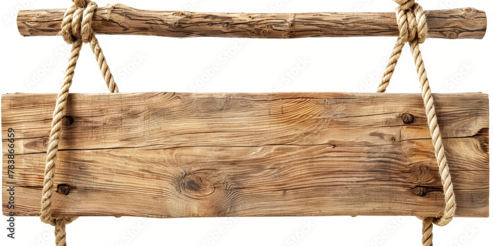 Wooden sign hanging on rope against a white background, old wooden sign Wooden sign hanging on rope against a white background, old wooden sign