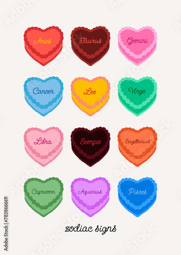Zodiac astrology signs heart shaped cakes. Vector flat illustration on isolated background
