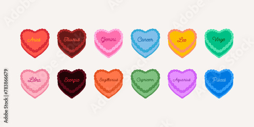 Set of colorful heart shaped cakes with zodiac signs. Vector flat illustration