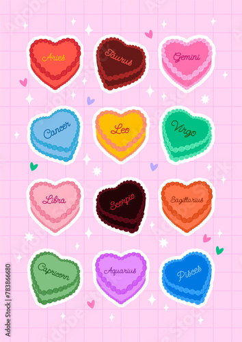 Cute and colorful sticker set of heart shaped cakes. Vector flat illustration of astrology zodiac signs cakes