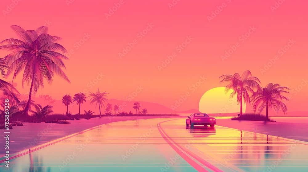 Retro cars on the beach at sunset