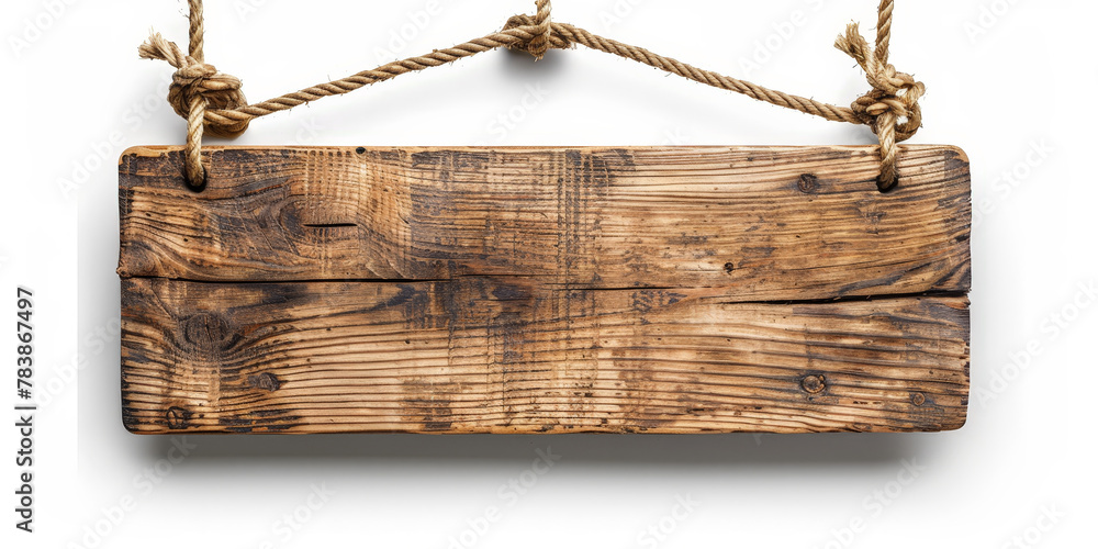 Wooden sign hanging on rope against a white background, old wooden sign Wooden sign hanging on rope against a white background, old wooden sign