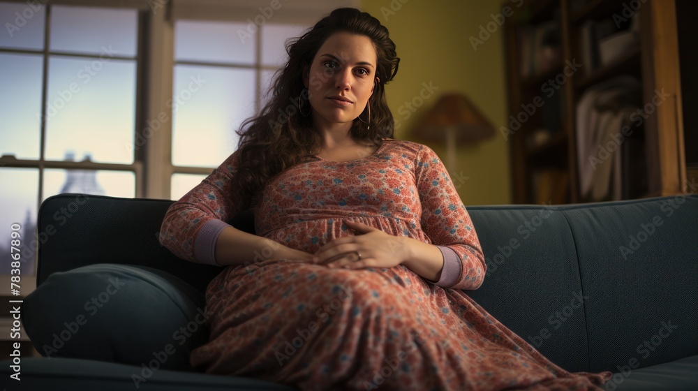 Pregnant woman on couch at home Pregnant woman on couch at home