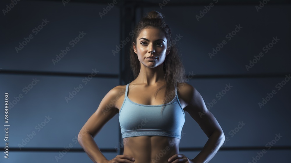 Obraz premium Woman strikes a confident pose in athletic apparel in the gym,female strikes a confident pose in athletic apparel