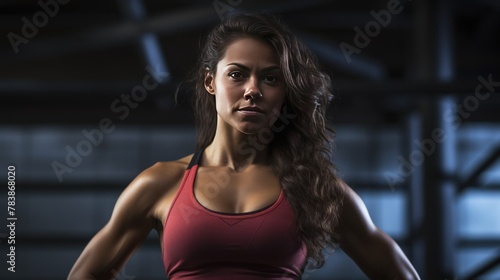 Woman strikes a confident pose in athletic apparel in the gym,female strikes a confident pose in athletic apparel