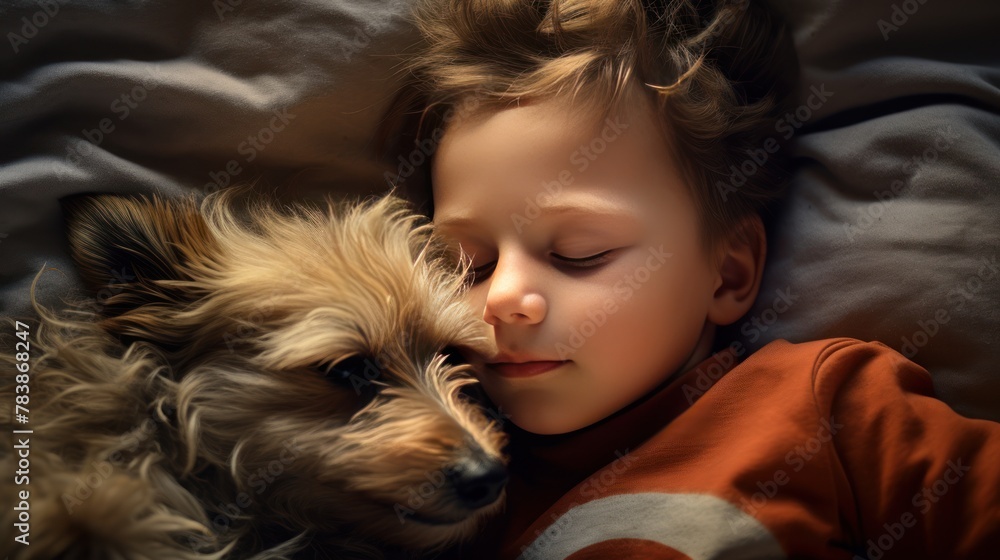 top down view A cute little dog sleeps with a little child on the bed. top down view A cute little dog sleeps with a little child on the bed.
