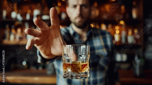 man refuses say no and avoid to drink an alcohol whiskey   stopping hand sign male  alcoholism treatment  alcohol addiction  quit booze  Stop Drinking Alcohol. Refuse Glass liquor  unhealthy  reject
