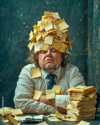 A comical and funny image of a businessman overwhelmed covered in post-it notes