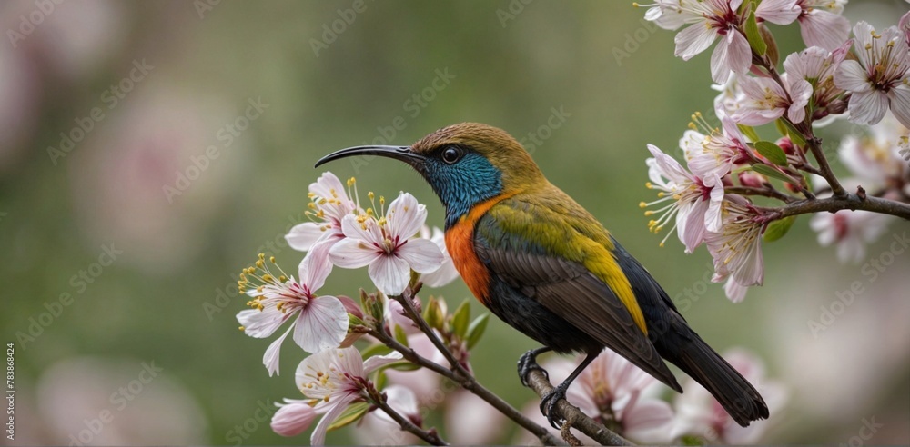Fototapeta premium Beautiful bird, Mrs. Gould's Sunbird; Aethopyga gouldiae Male Birds of Thailand. Bird on Cherry Blossom. 