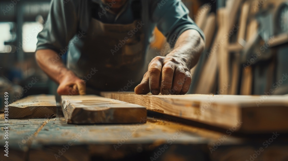 close up man owner a small furniture business is preparing wood for production. carpenter male is adjust wood to the desired size. architect, designer close up man owner a small furniture business is preparing wood for production. carpenter male is adjust wood to the desired size. architect, designer