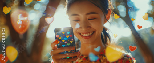 portrait of smiling young asian lady chatting at social networks on smartphone in park, double exposure with emojis, hearts and likes. Modern communication remotely outdoor, collage