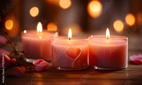 Heart-shaped candles casting a warm glow  foreground sharply in focus against a softly blurred bokeh background  embodying the essence of Valentine s Day  perfect for a romantic wallpaper  warm color 