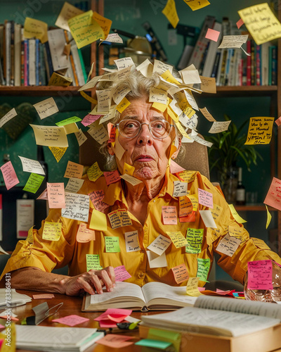 A comical and funny image of an elderly secretary overwhelmed covered in post-it notes
