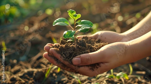 Hands nurturing a young plant in soil, symbol of growth and eco-friendliness. Close-up shot of seedling care. Nature and environment awareness concept. AI