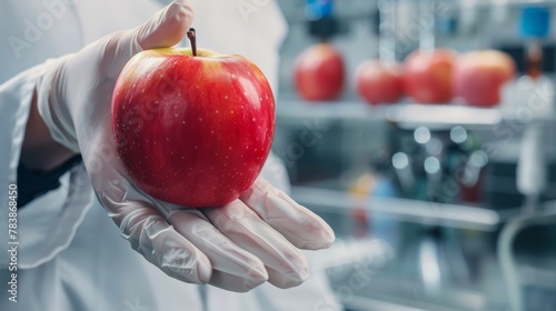 close up hand scientist hold apple in technology laboratory. GMO and laboratory studies, vegetable, laboratory, biology, science, agriculture, chemical, research, modification