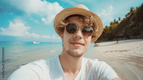 close-up shot of a good-looking male tourist. Enjoy free time outdoors near the sea on the beach. Looking at the camera while relaxing on a clear day Poses for travel selfies smiling happy tropical #783868485
