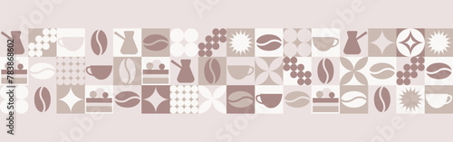 Coffee seamless background for textile and wallpaper with geometric shapes and coffee beans. Fashionable splash template with a cup in brown and green tones.