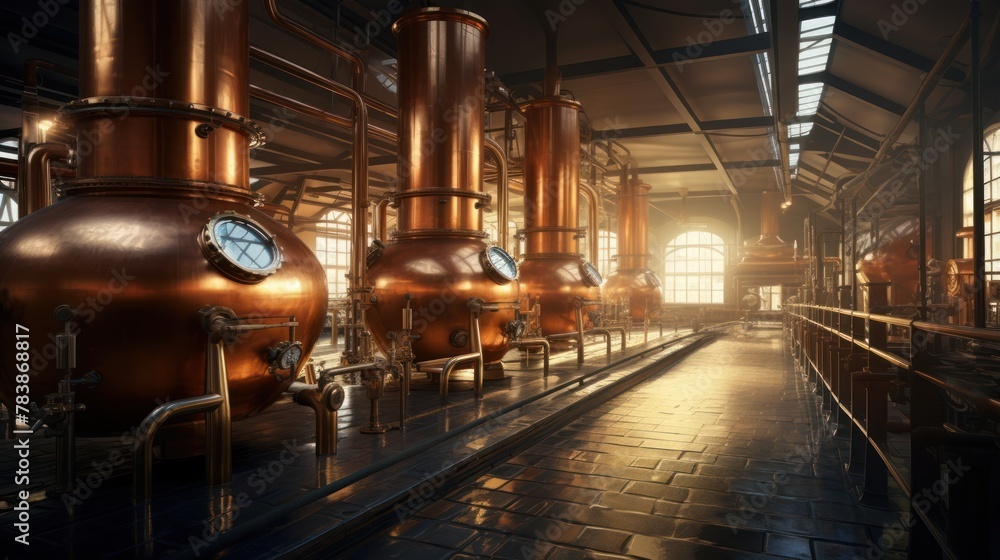 Beverage production concept, a brewery with copper kettles Beverage production concept, a brewery with copper kettles