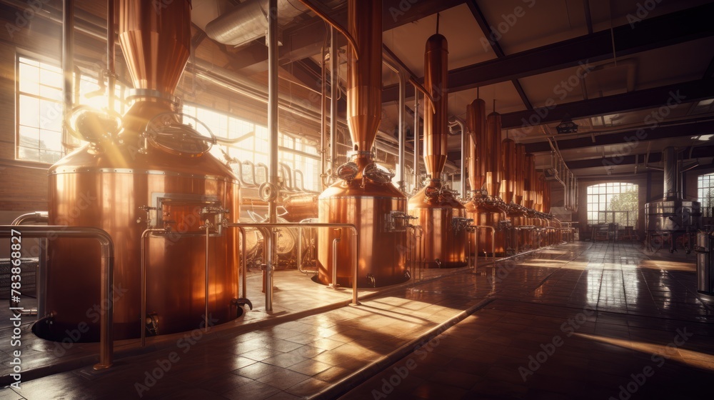 Beverage production concept, a brewery with copper kettles