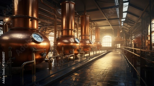Beverage production concept, a brewery with copper kettles photo