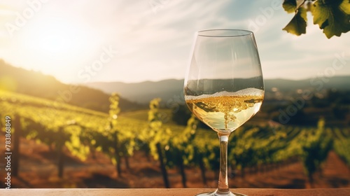 Wine glass with pouring white wine and vineyard landscape 