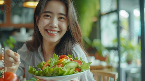 Diet and dieting  enjoy eat. Healthy woman hold salad food and feeling happy. Beauty slim female body achieves weight loss goal for healthy life  crazy about thinness  thin waist  nutritionist