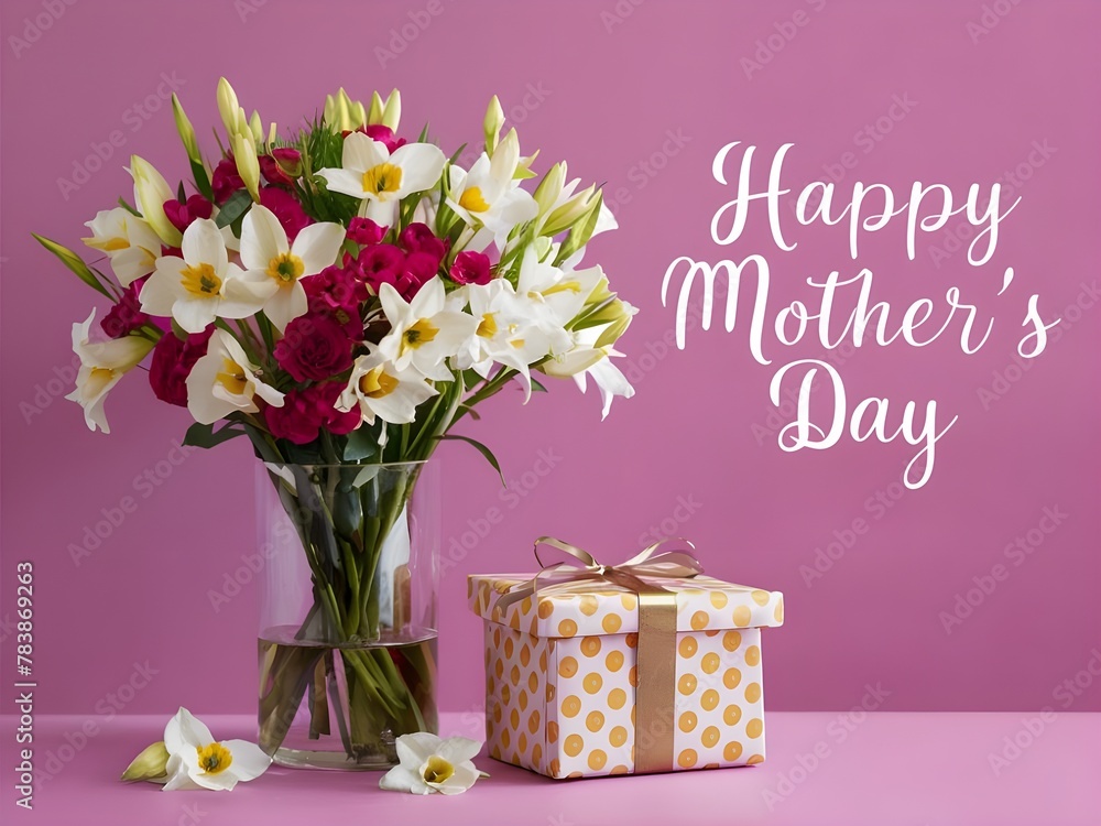 flowers vase with gift happy mother's day 